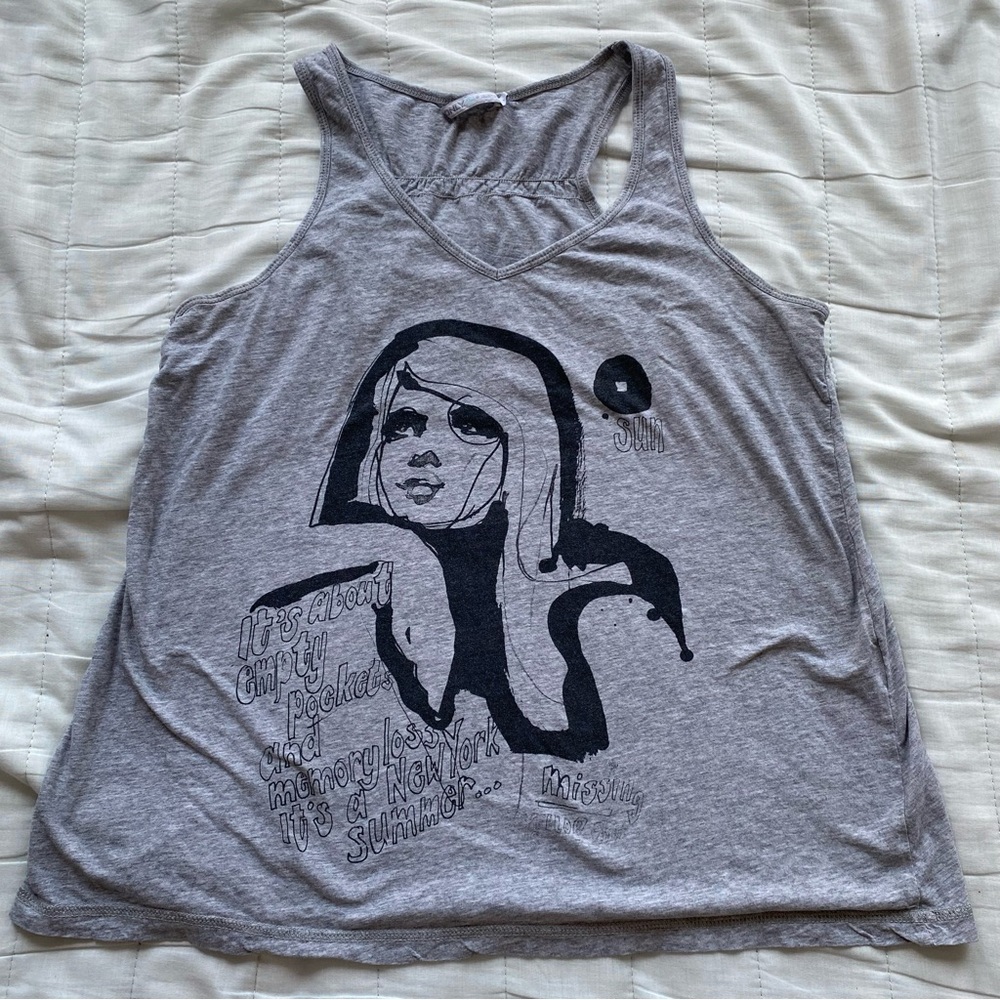 Only Grey Graphic Racerback Tank Top with Black Print - Picture 1 of 7